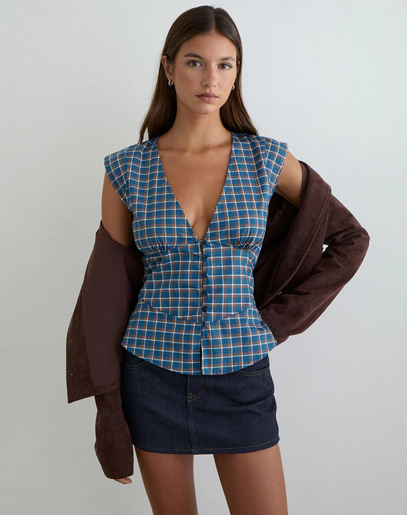 Devlon Blouse in Medium Tartan Blue