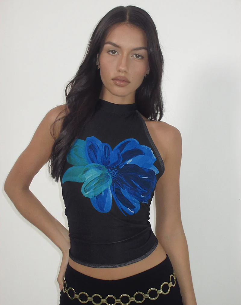 Diana Halterneck Top in Watercolour Flower Blue - Image 3