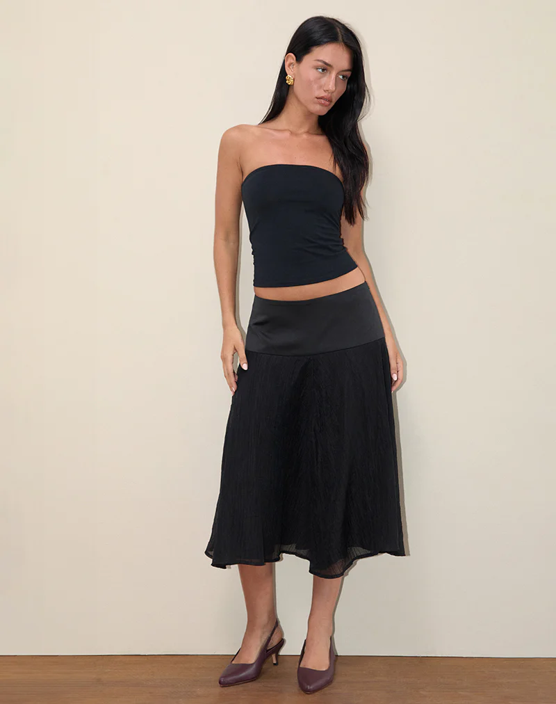 Diera Satin Chiffon Midi Skirt in Black - Image 2