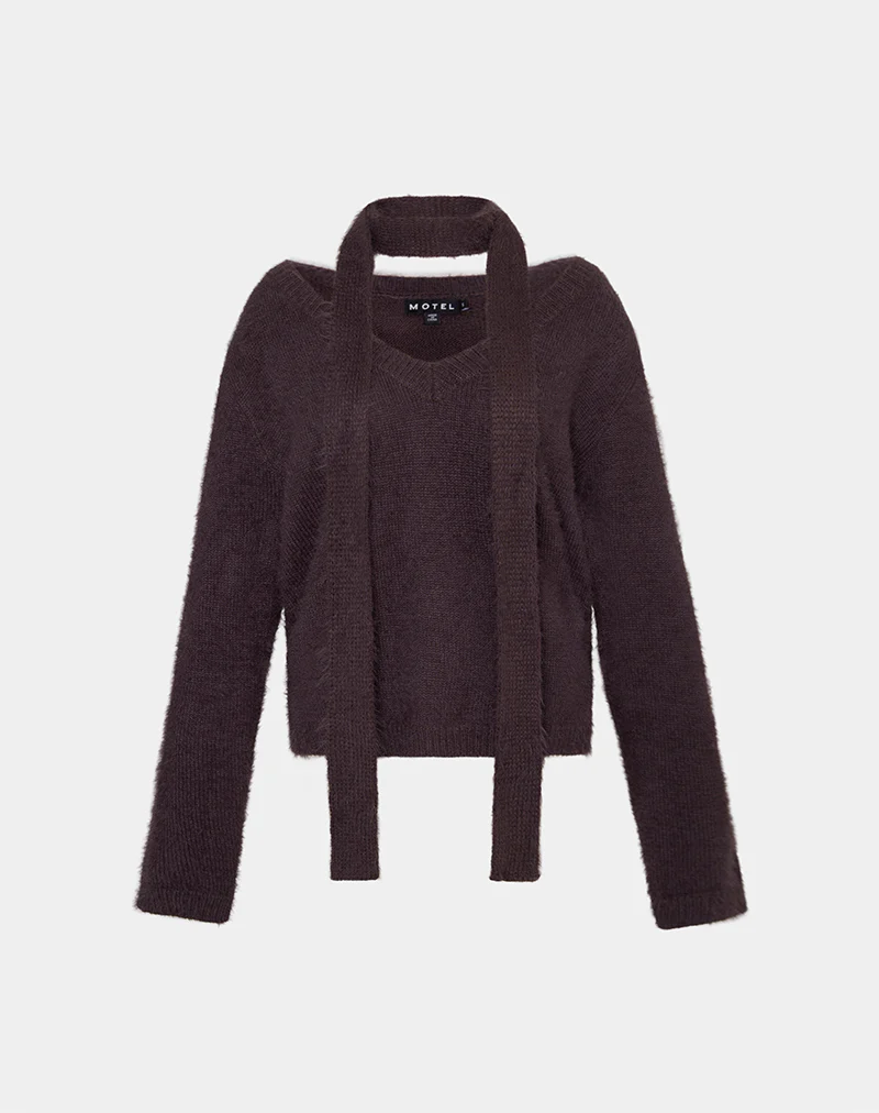 Dikara Jumper with Scarf in Knit Brown - Image 5