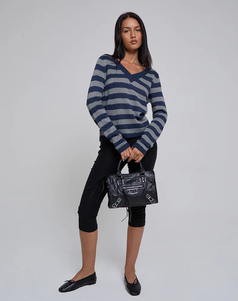 Dikara V Neck Jumper in Tonal Blue Stripe - Image 4
