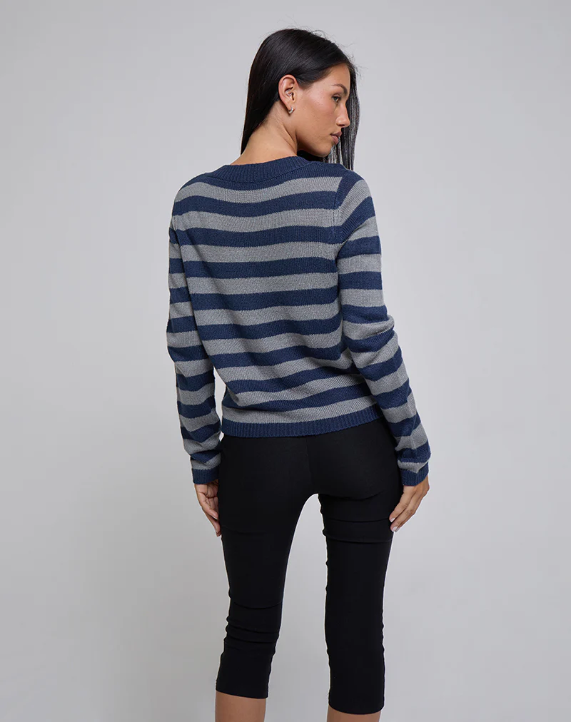 Dikara V Neck Jumper in Tonal Blue Stripe - Image 5