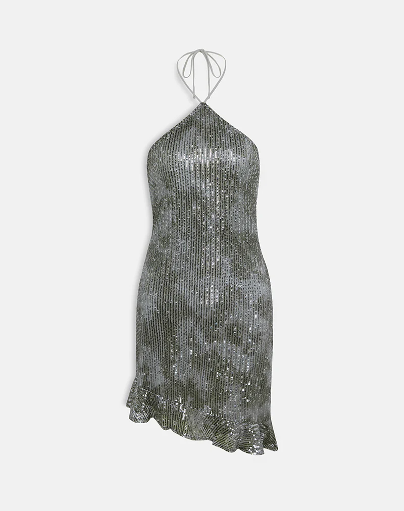 Dikta Asymmetric Mini Dress in Sequin Green Grey - Image 6