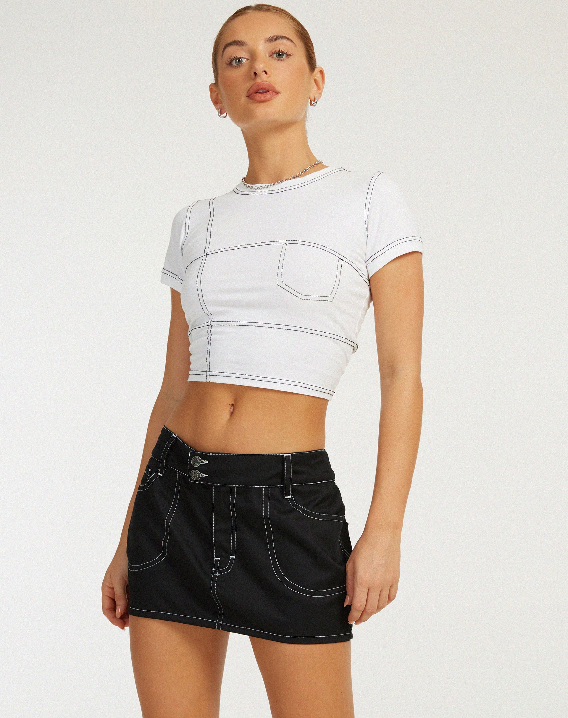 Dipta Mini Skirt in Black with White Stitch - Image 4