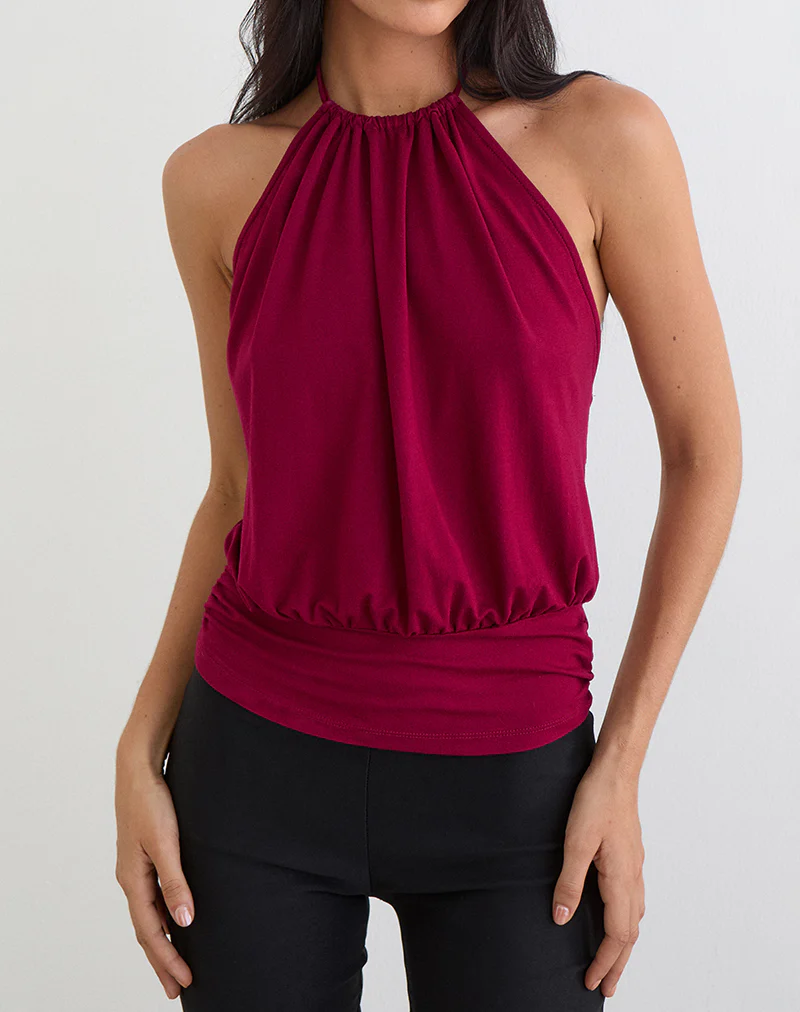 Diraka High Neck Top in Rayon Jersey Burgundy - Image 2