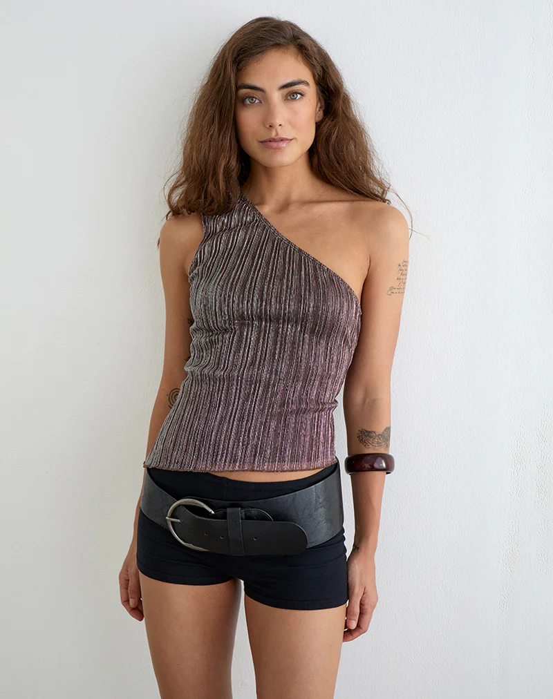 Dirsa One Shoulder Asymmetric Top in Plisse Brown - Image 2