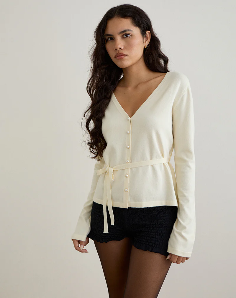 Divya Cardigan with Tie in Knit Cream - Image 2