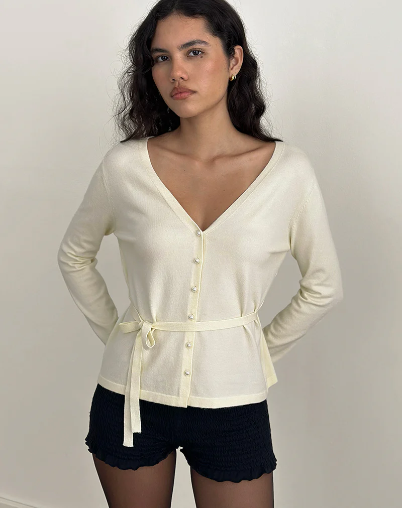 Divya Cardigan with Tie in Knit Cream - Image 3