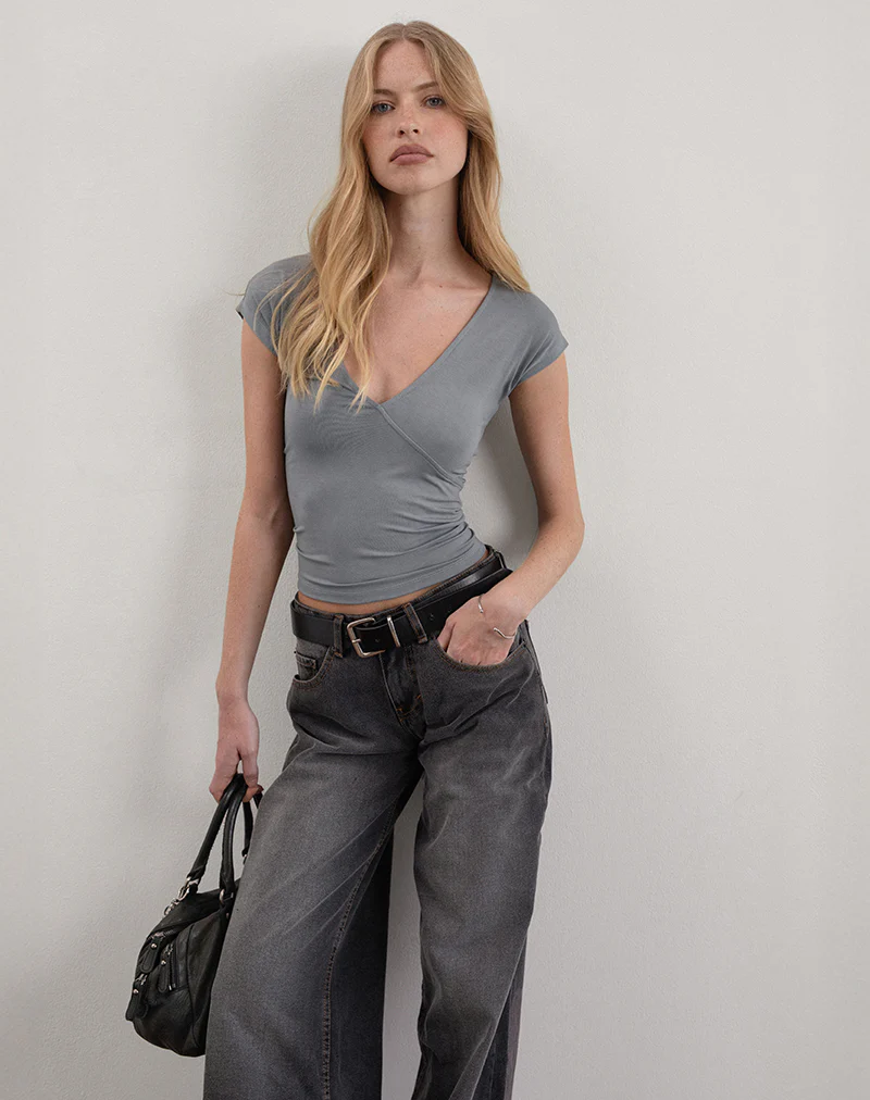 Dolores Wrap Top in Rayon Jersey Grey - Image 2