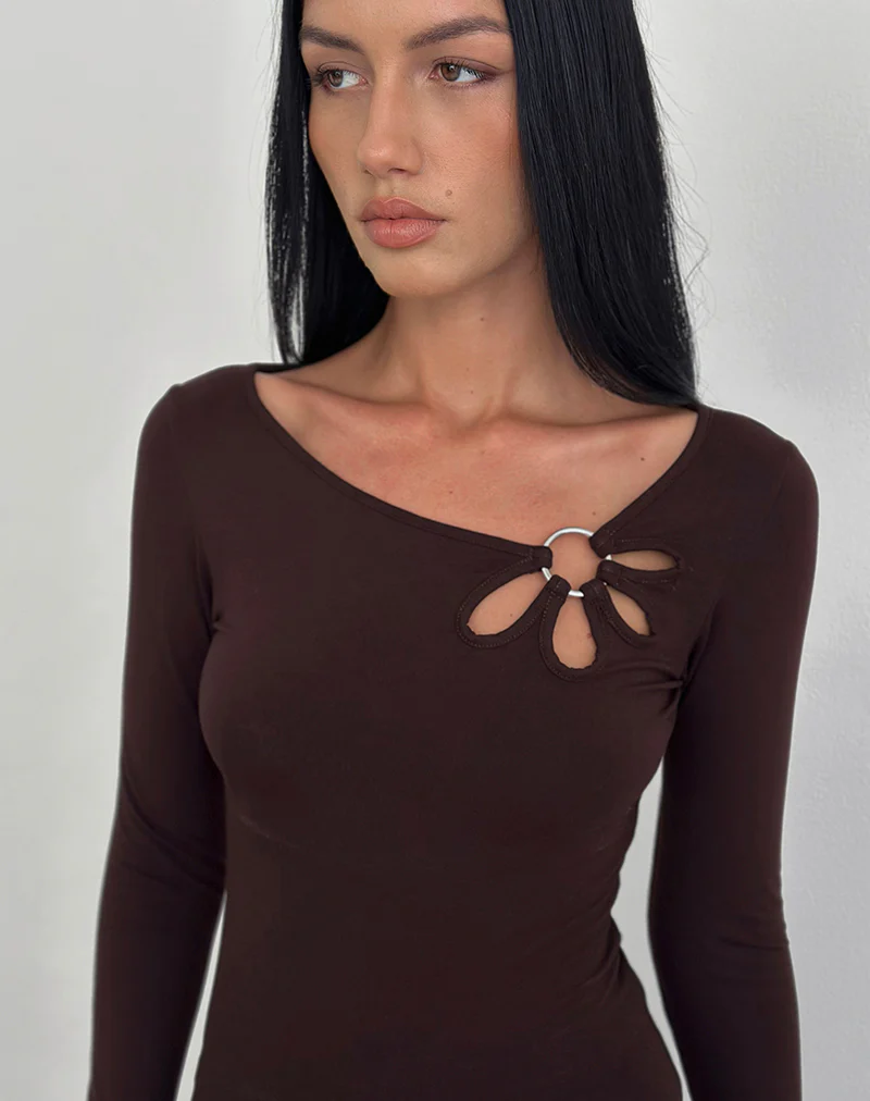 Donela Long Sleeve Top with Flower Ring in Bitter Chocolate - Image 2