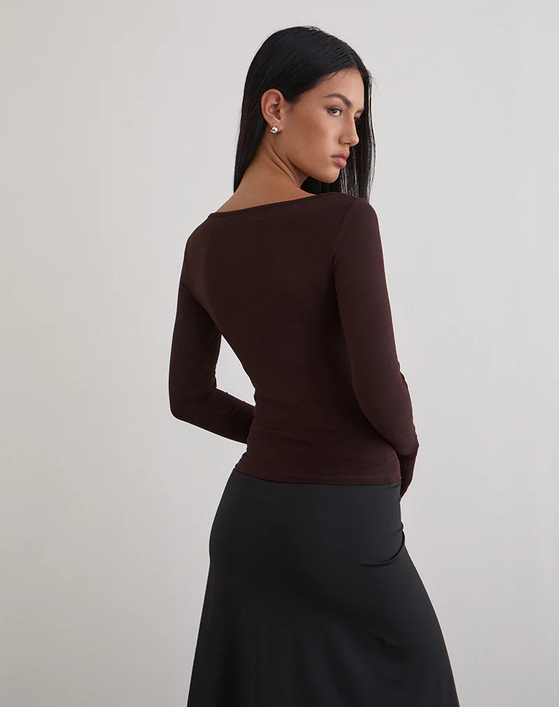 Donela Long Sleeve Top with Flower Ring in Bitter Chocolate - Image 5