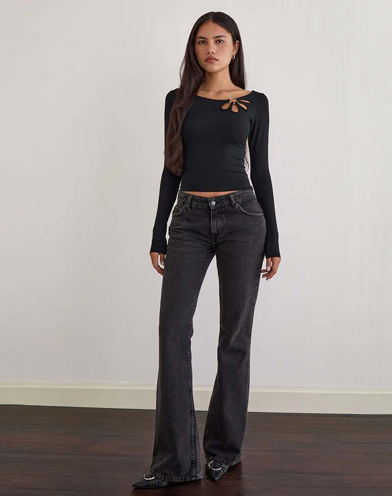 Donela Long Sleeve Top with Flower Ring in Black - Image 2