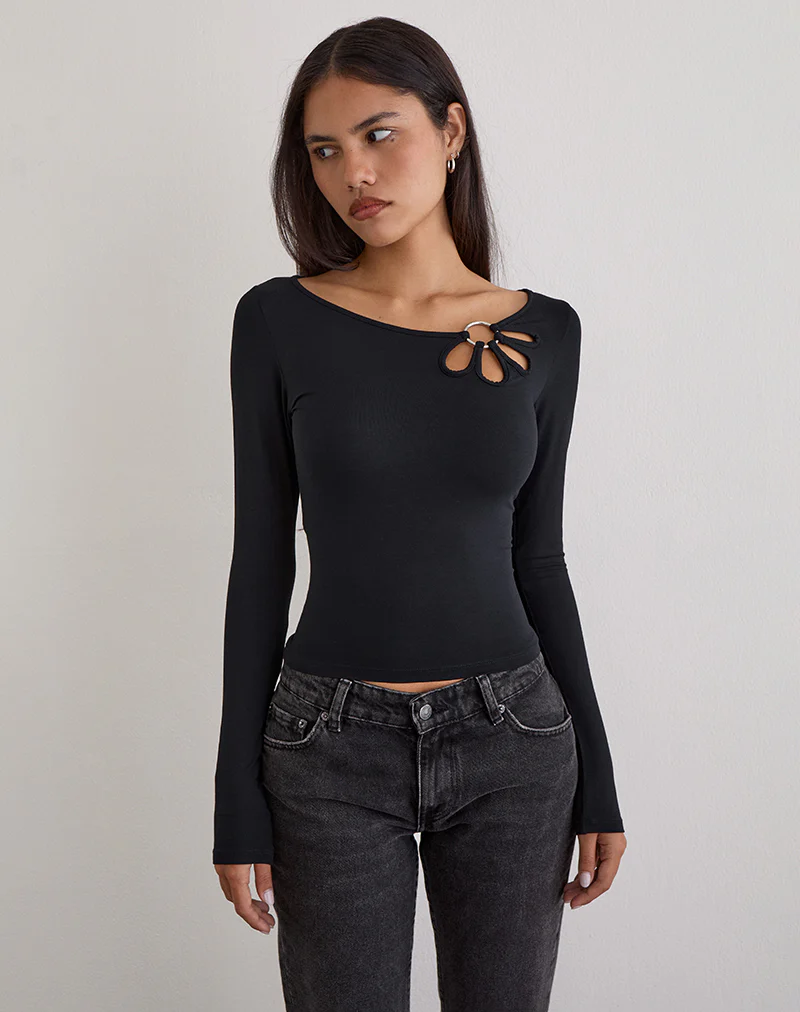 Donela Long Sleeve Top with Flower Ring in Black - Image 3