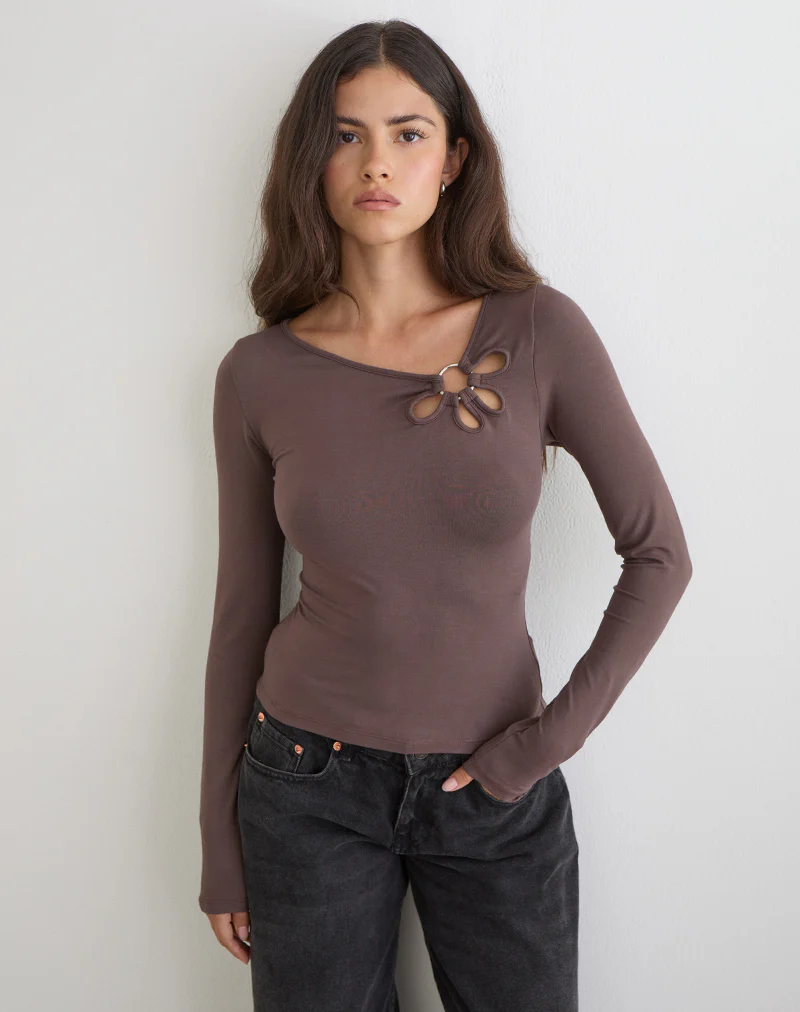 Donela Long Sleeve Top with Flower Ring in Coffee Quartz - Image 2