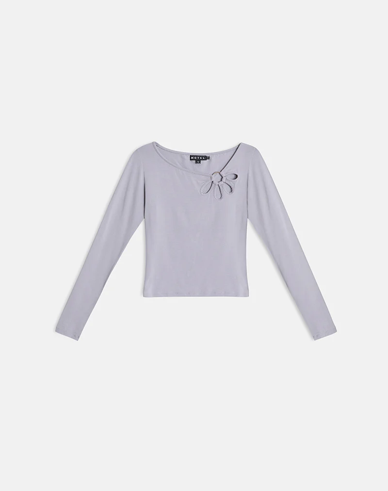 Donela Long Sleeve Top with Flower Ring in Lilac Grey - Image 2