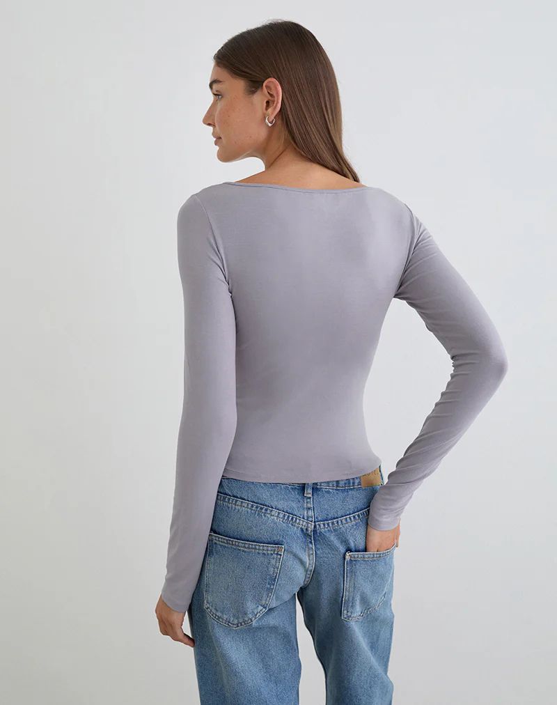 Donela Long Sleeve Top with Flower Ring in Lilac Grey - Image 5