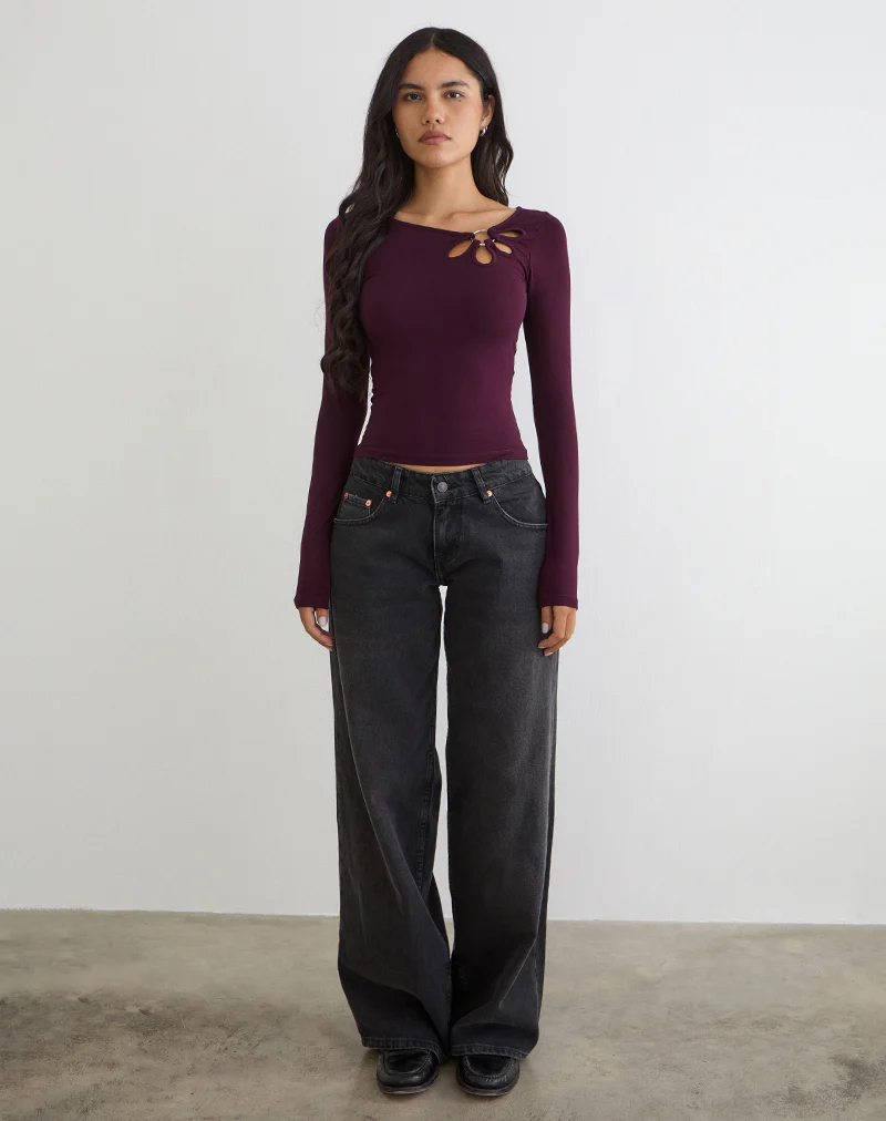 Donela Long Sleeve Top with Flower Ring in Redwood - Image 2