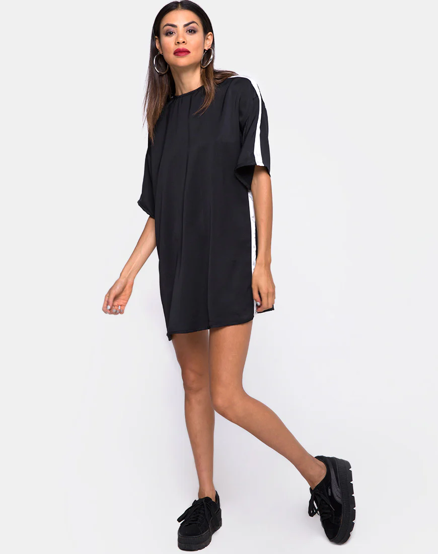 Dore T-Shirt Dress in Black with Ivory Stripe - Image 4