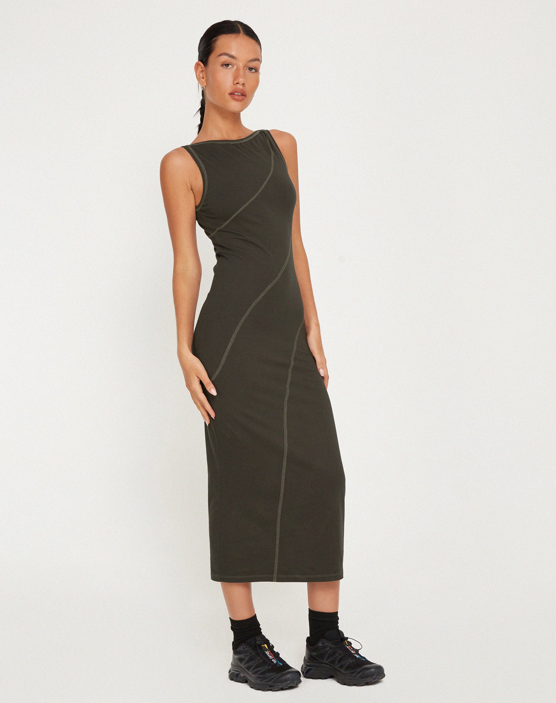 Driki Midi Dress in Gunmetal with Grey Top Stitch - Image 4