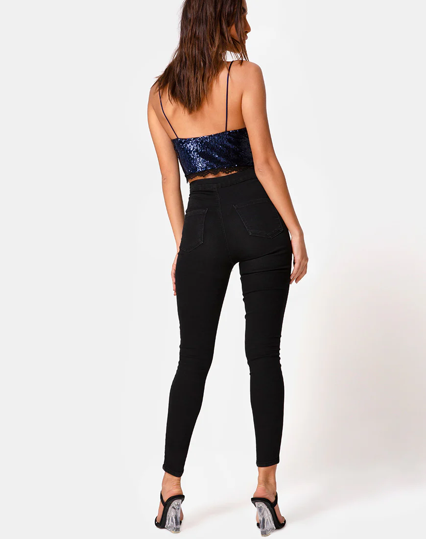 Drilly Crop Top in Midnight Mini Sequin with Black Lace - Image 4