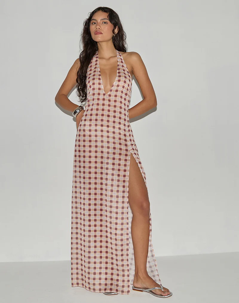 Driti Maxi Dress in Chiffon Blurred Check Peach - Image 4