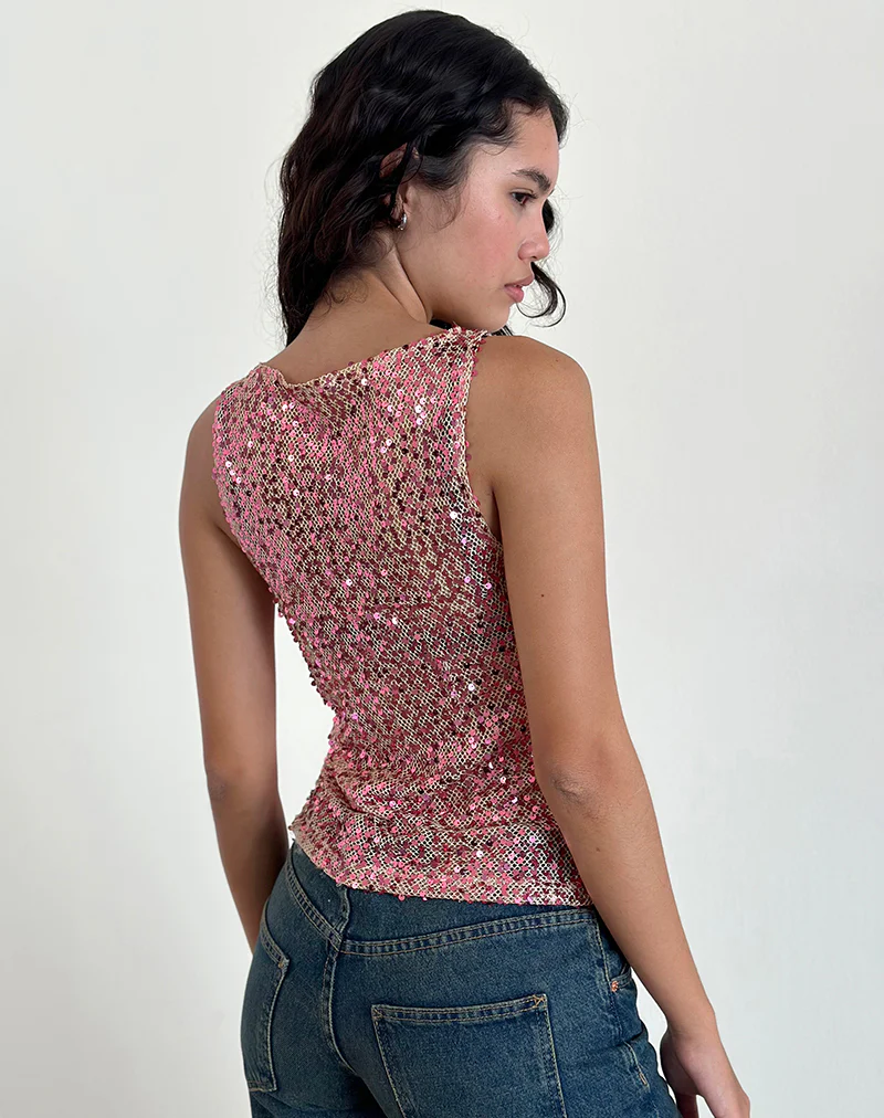 Dudley Vest Top in Sequin Mesh Rose Gold - Image 3