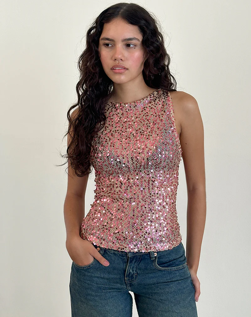 Dudley Vest Top in Sequin Mesh Rose Gold - Image 4