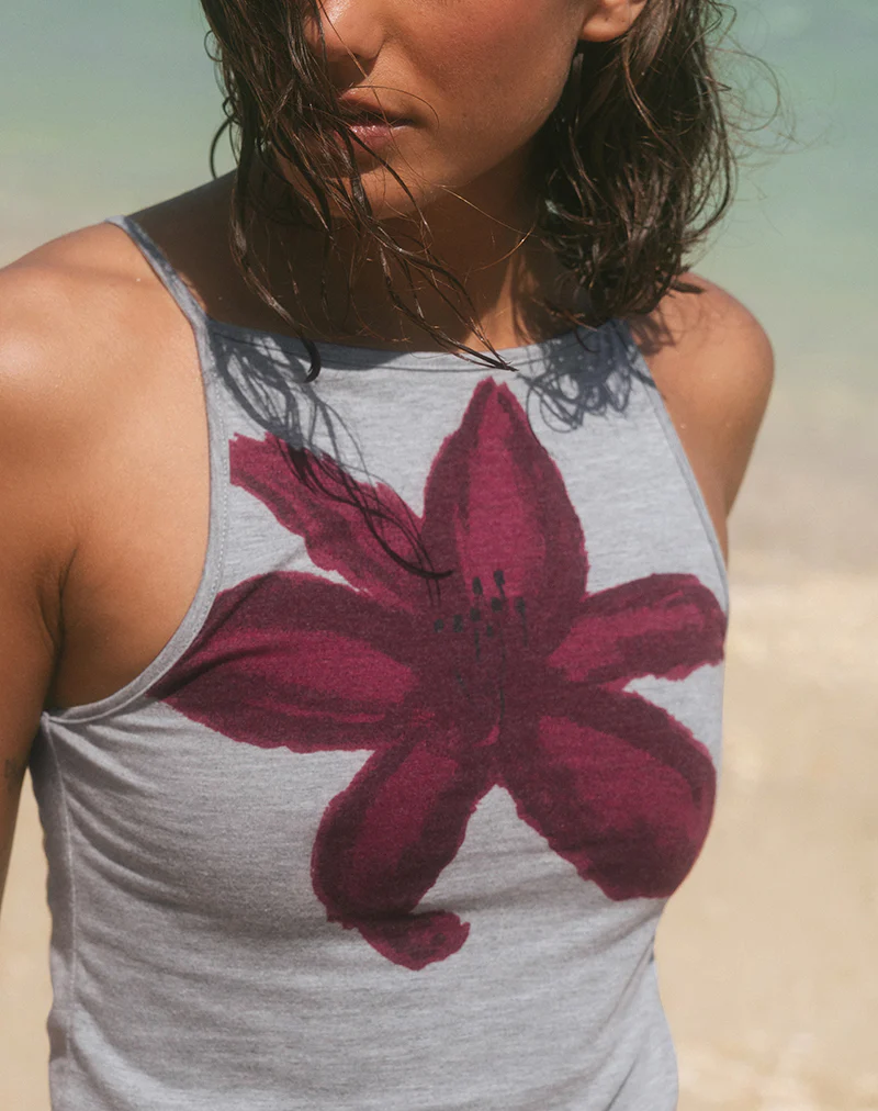 Dudley Vest Top in Grey Marl Painted Flower - Image 2