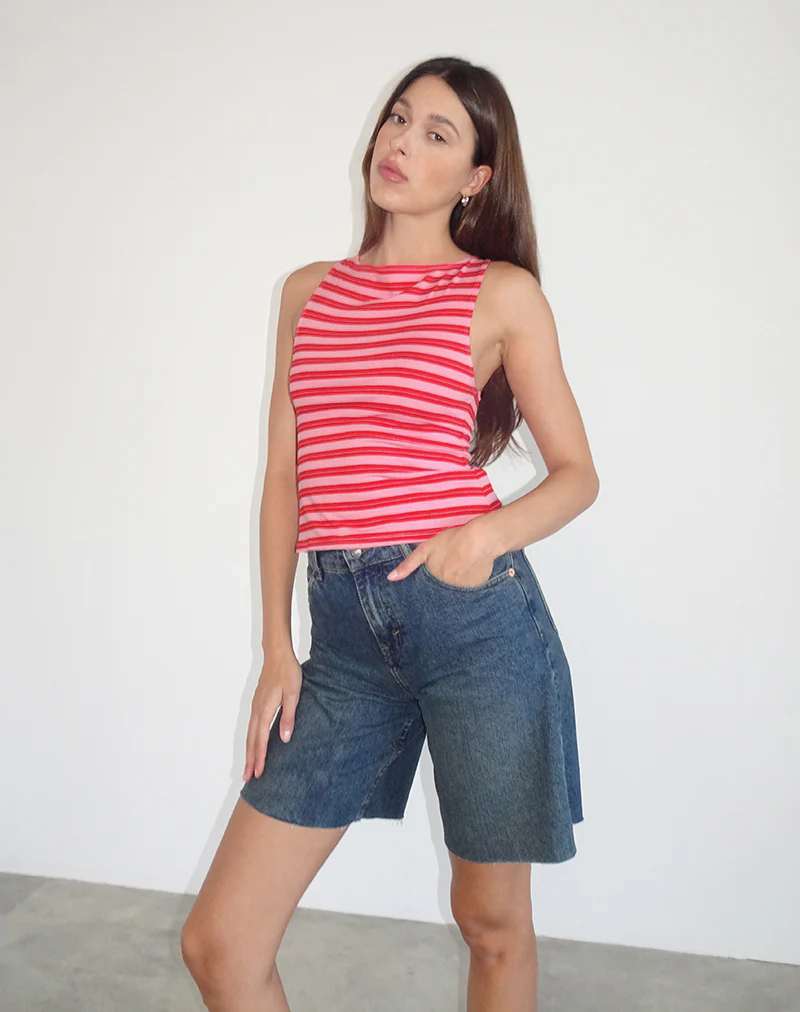 Dudley Vest Top in Pink and Red Stripe - Image 3