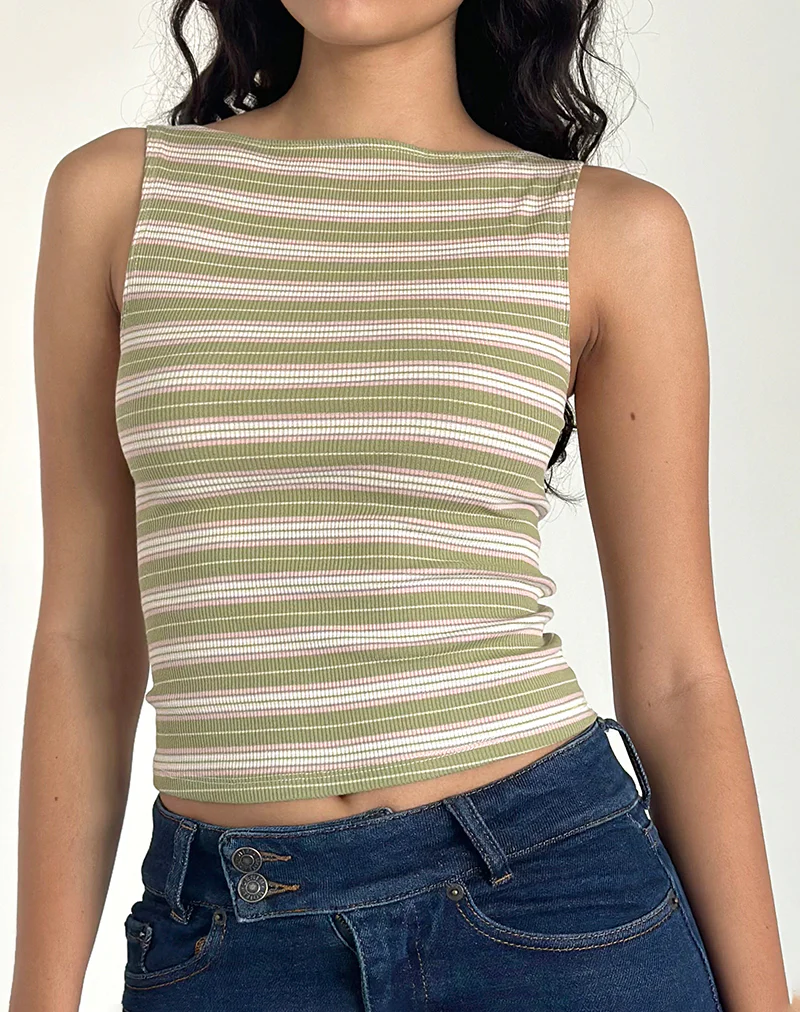 Dudley Vest Top in Green, Pink and White Stripe - Image 2