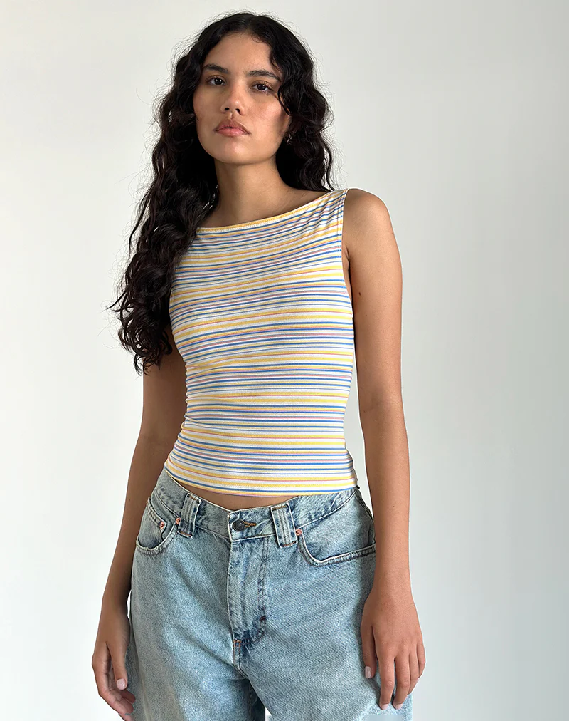 Dudley Vest Top in Blue, White and Yellow Stripe - Image 2