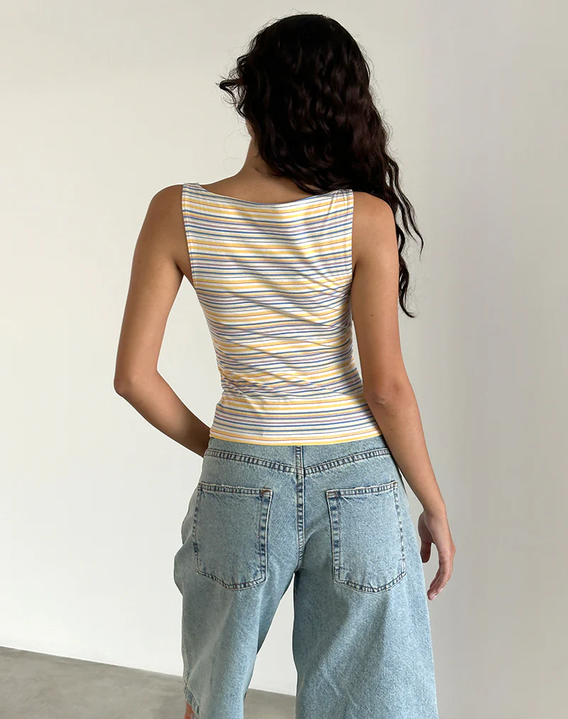 Dudley Vest Top in Blue, White and Yellow Stripe - Image 4