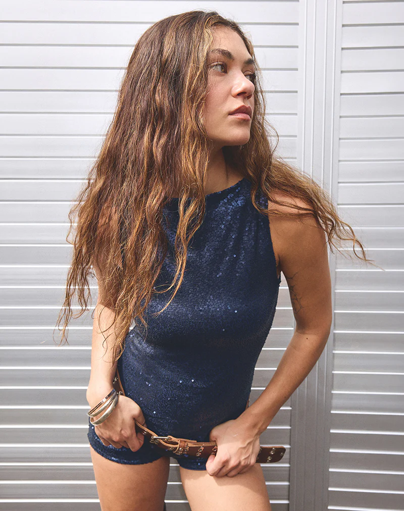 Dudley Vest Top in Drape Sequin Navy - Image 4