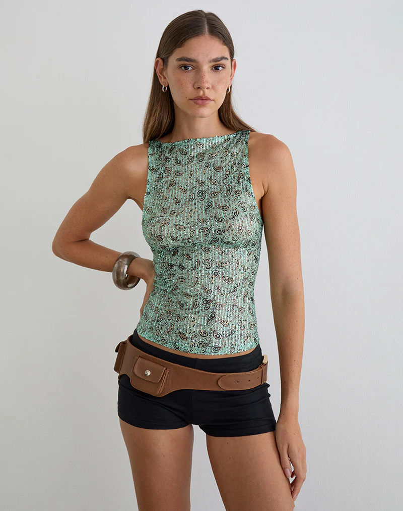 Dudley Vest Top in Paisley Sequin Teal - Image 4
