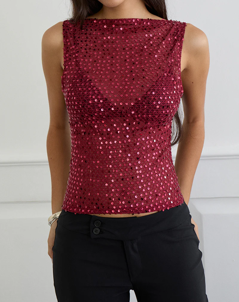 Dudley Vest Top in Sequin Knit Burgundy - Image 2