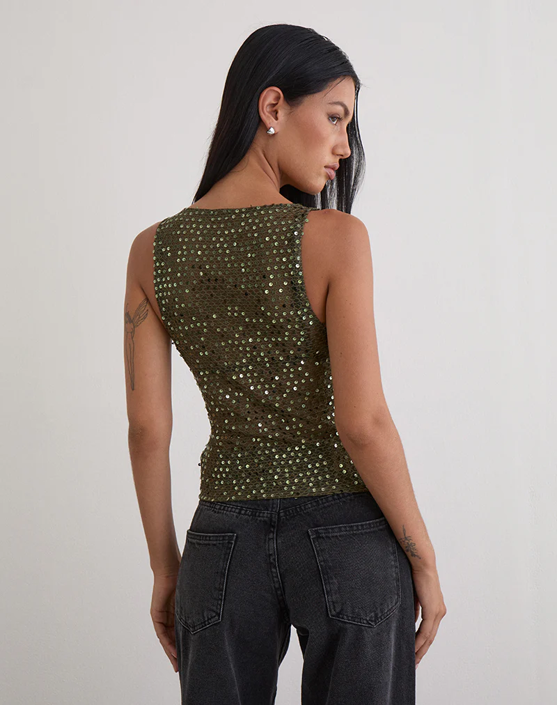 Dudley Vest Top in Sequin Knit Olive - Image 5