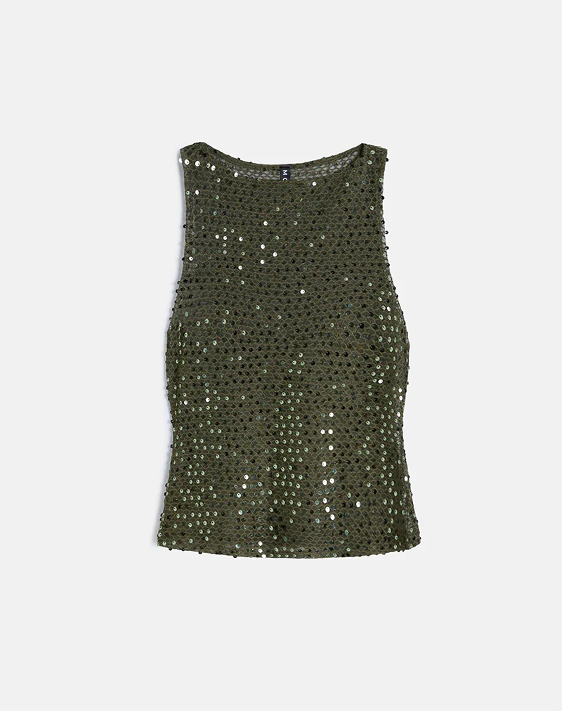 Dudley Vest Top in Sequin Knit Olive - Image 7