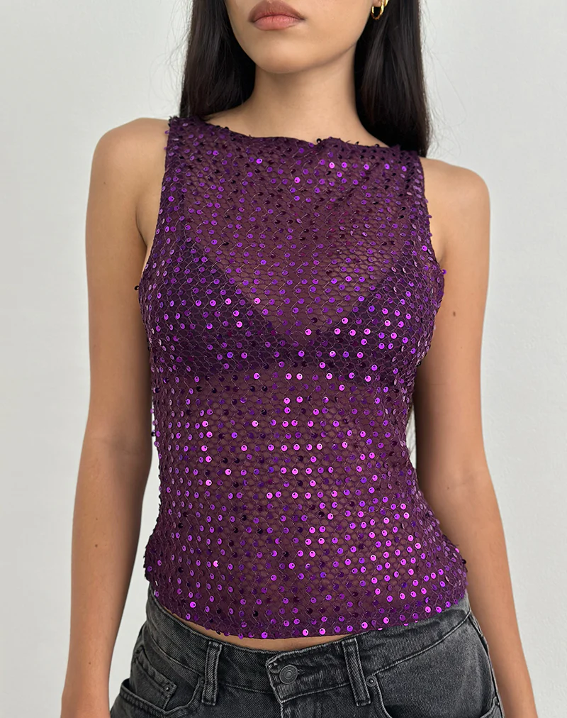 Dudley Vest Top in Sequin Knit Plum Wine - Image 2
