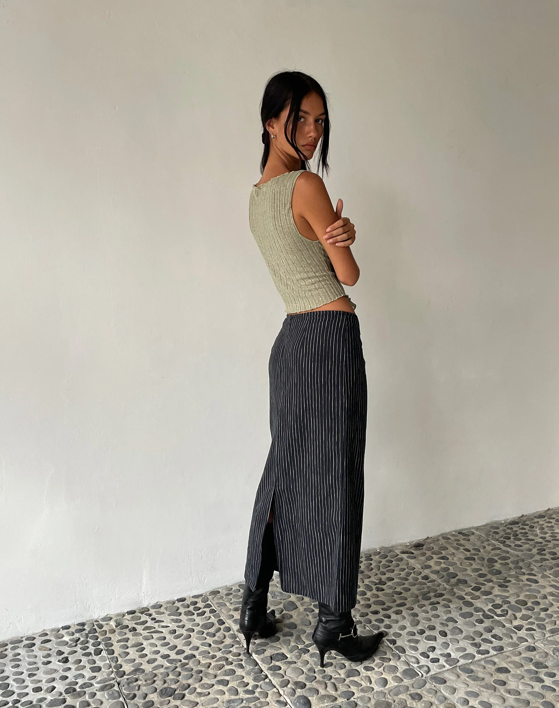 MOTEL X JACQUIE Duende Midi Skirt in Sketchy Stripe Black - Image 5