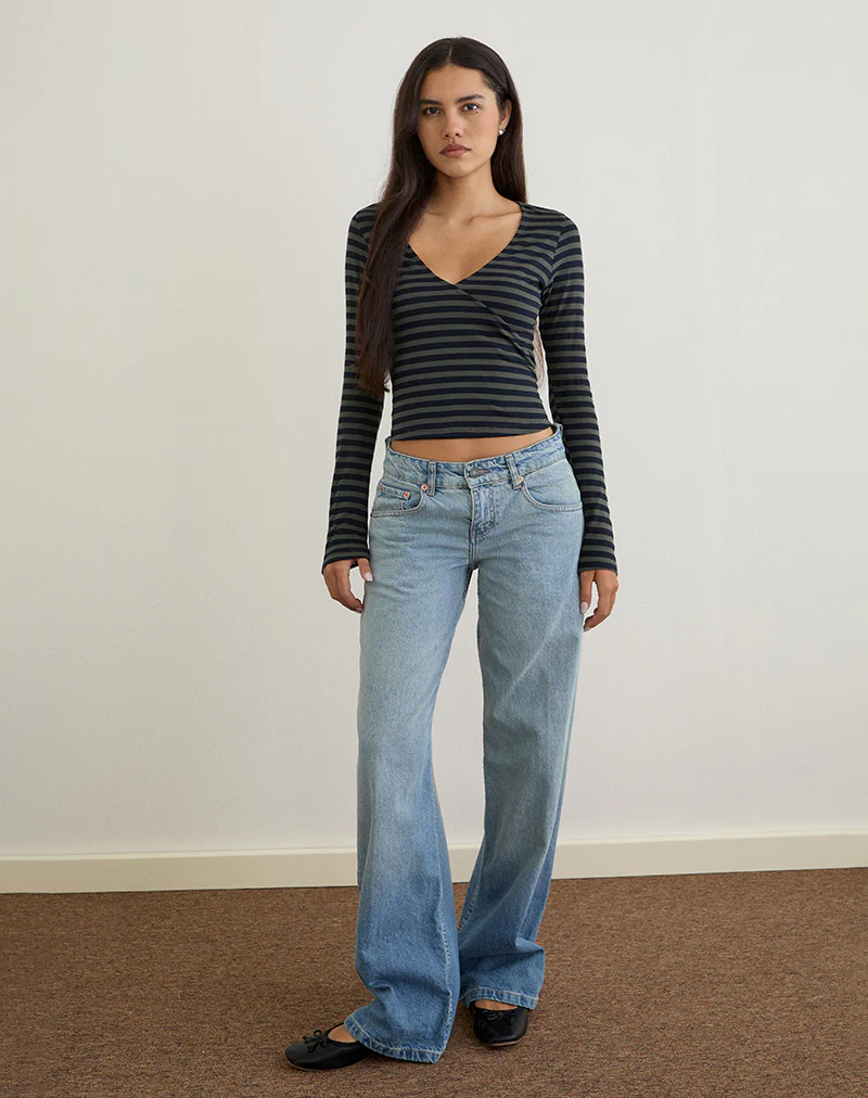 Dulcet Ribbed Plunge Top in Classic Striped Navy and Grey - Image 3