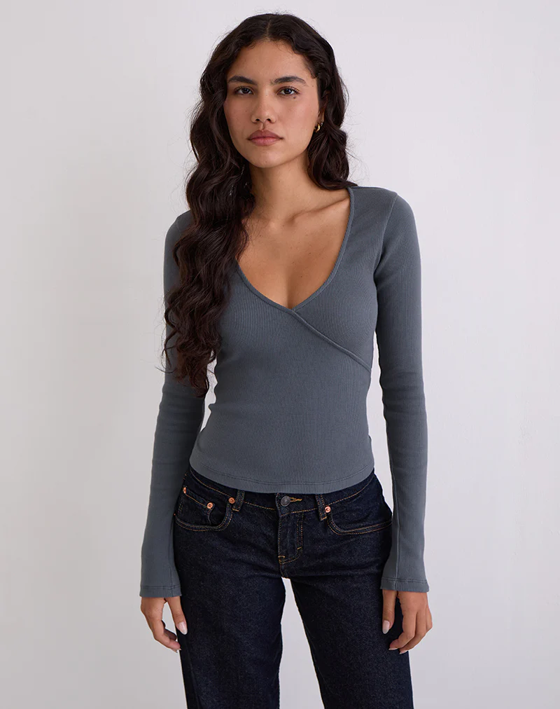 Dulcet Ribbed Plunge Long Sleeve Top in Blue Granite - Image 2