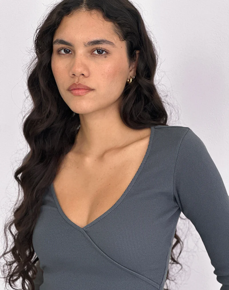 Dulcet Ribbed Plunge Long Sleeve Top in Blue Granite - Image 3