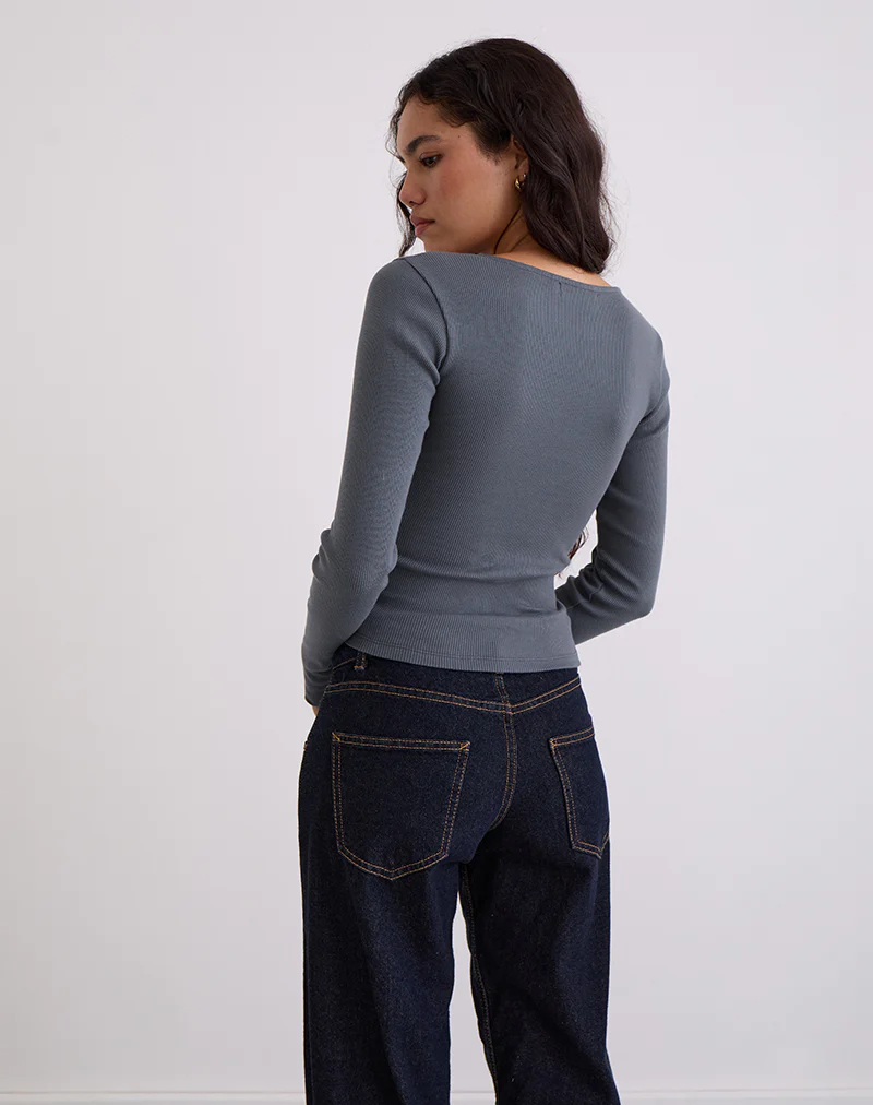 Dulcet Ribbed Plunge Long Sleeve Top in Blue Granite - Image 5
