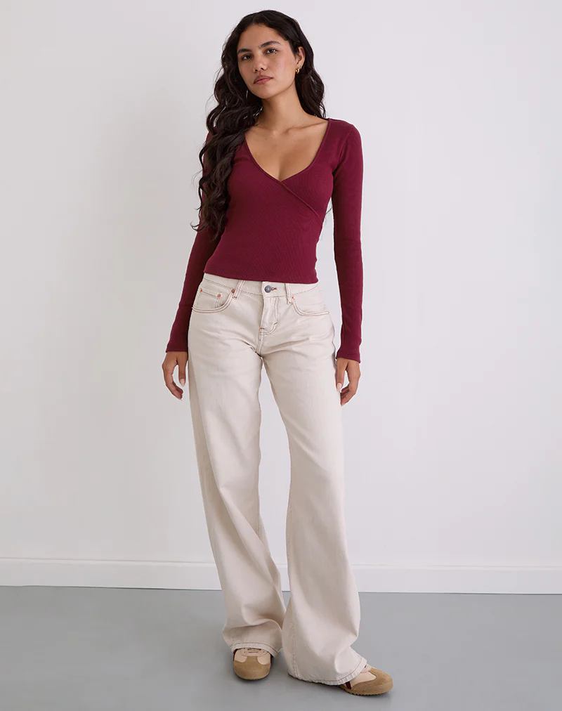 Dulcet Ribbed Plunge Long Sleeve Top in Burgundy - Image 2
