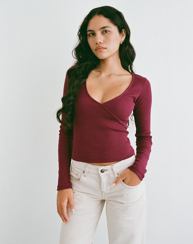 Dulcet Ribbed Plunge Long Sleeve Top in Burgundy - Image 4