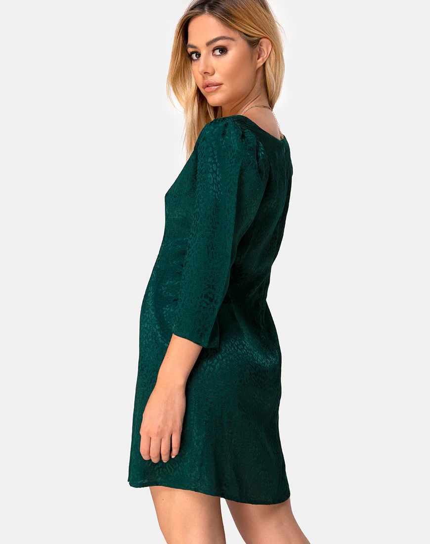 Dumia Mini Dress in Satin Cheetah Forest Green - Image 2
