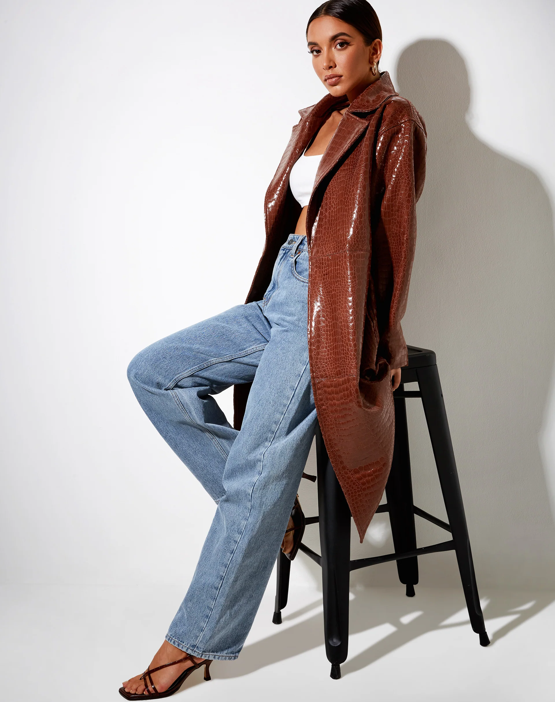 Duster Longline Coat in Croc Pu Brown - Image 3