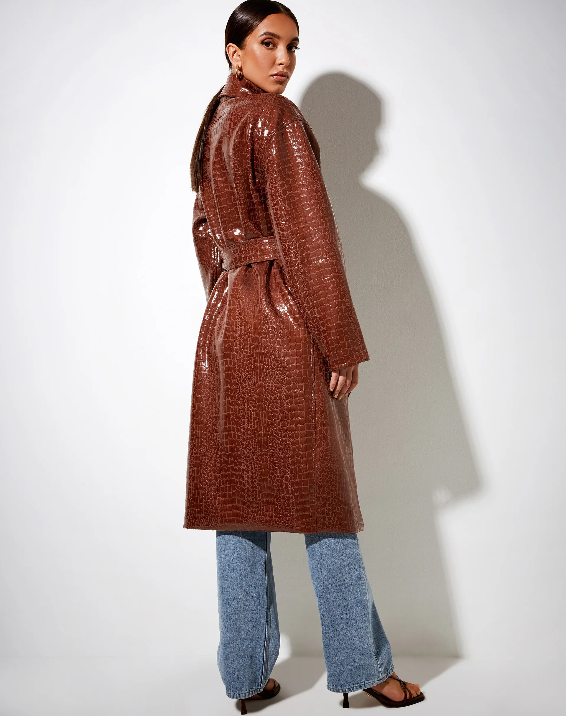 Duster Longline Coat in Croc Pu Brown - Image 5