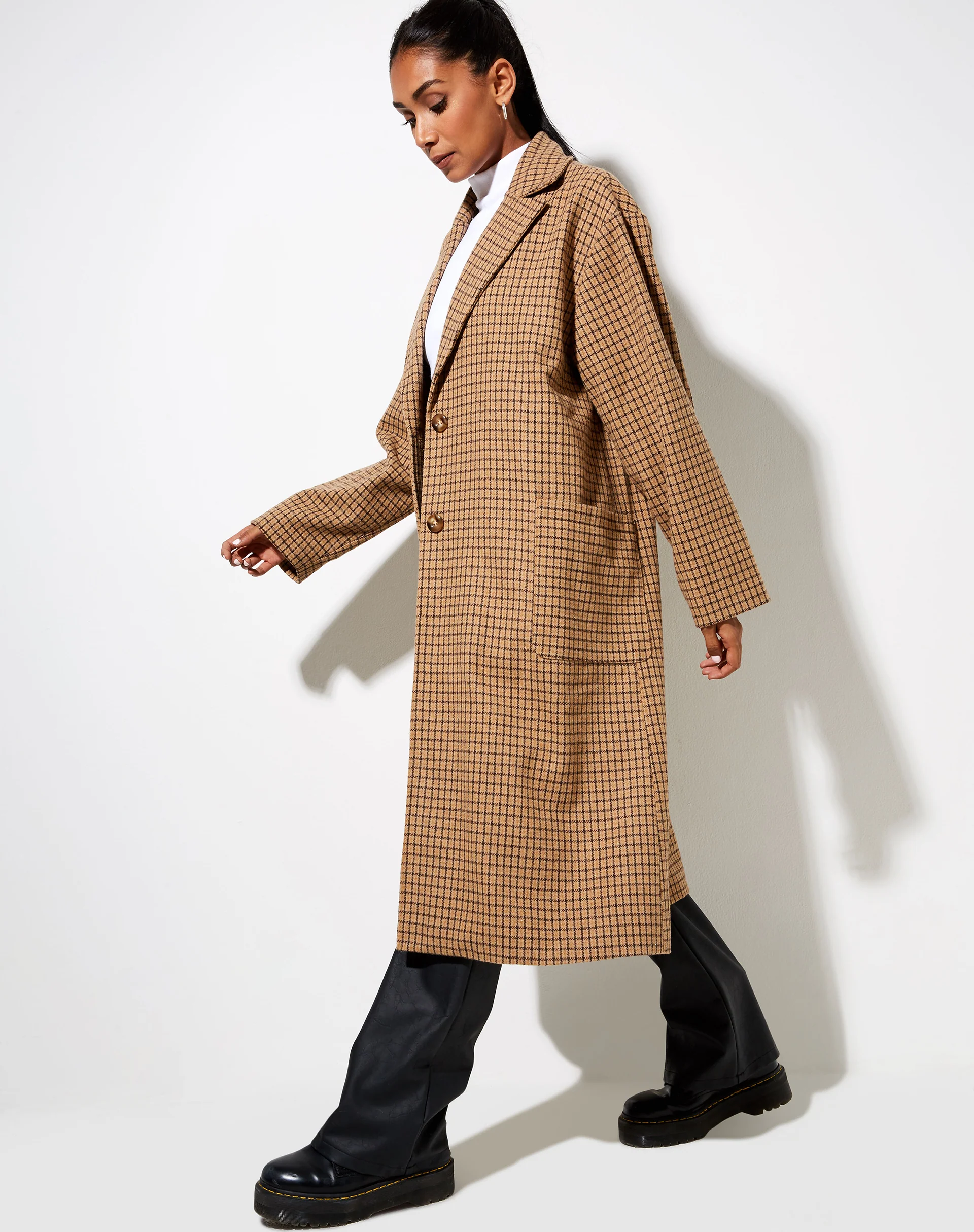Duster Coat in Houndstooth Brown Check - Image 2