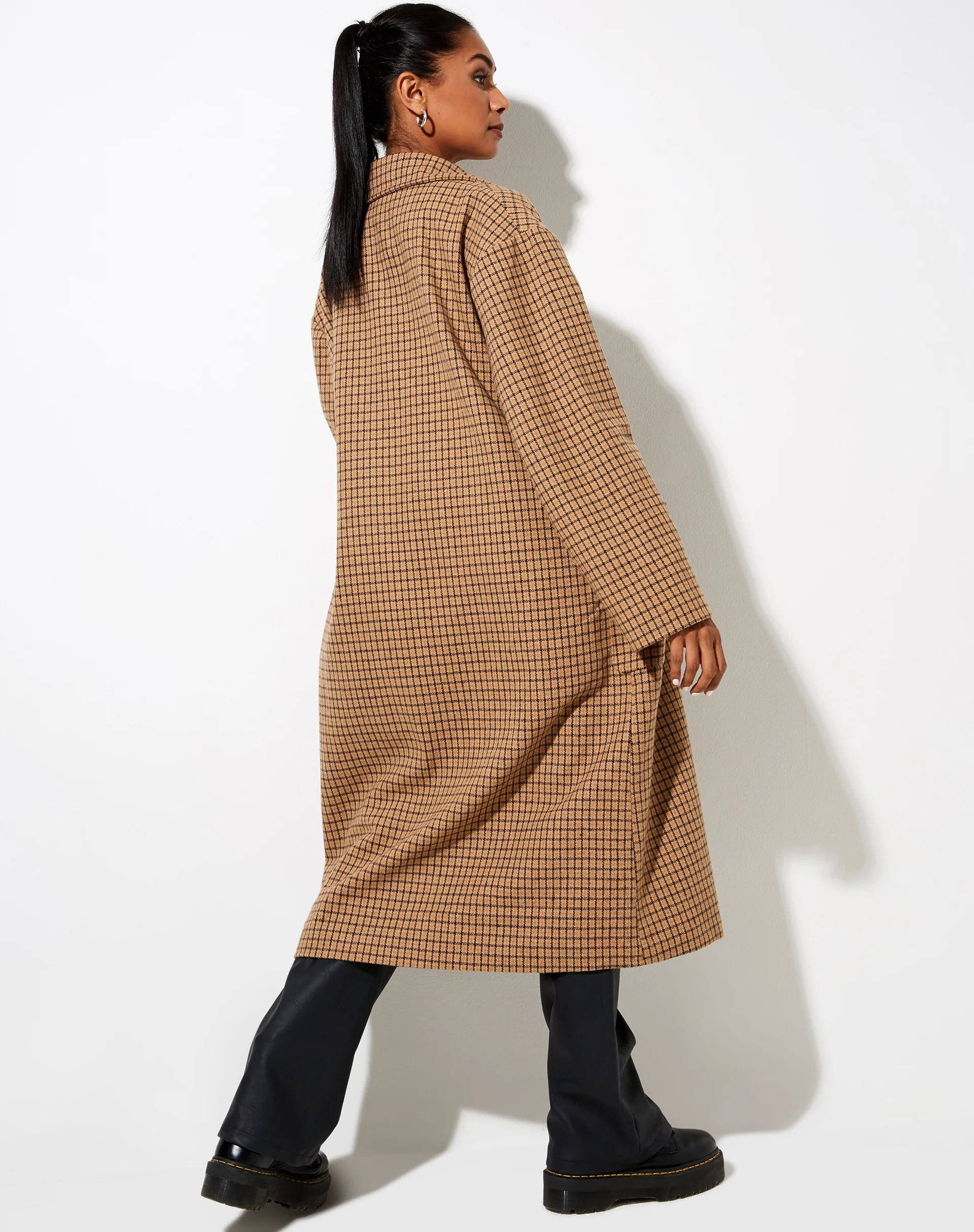 Duster Coat in Houndstooth Brown Check - Image 4